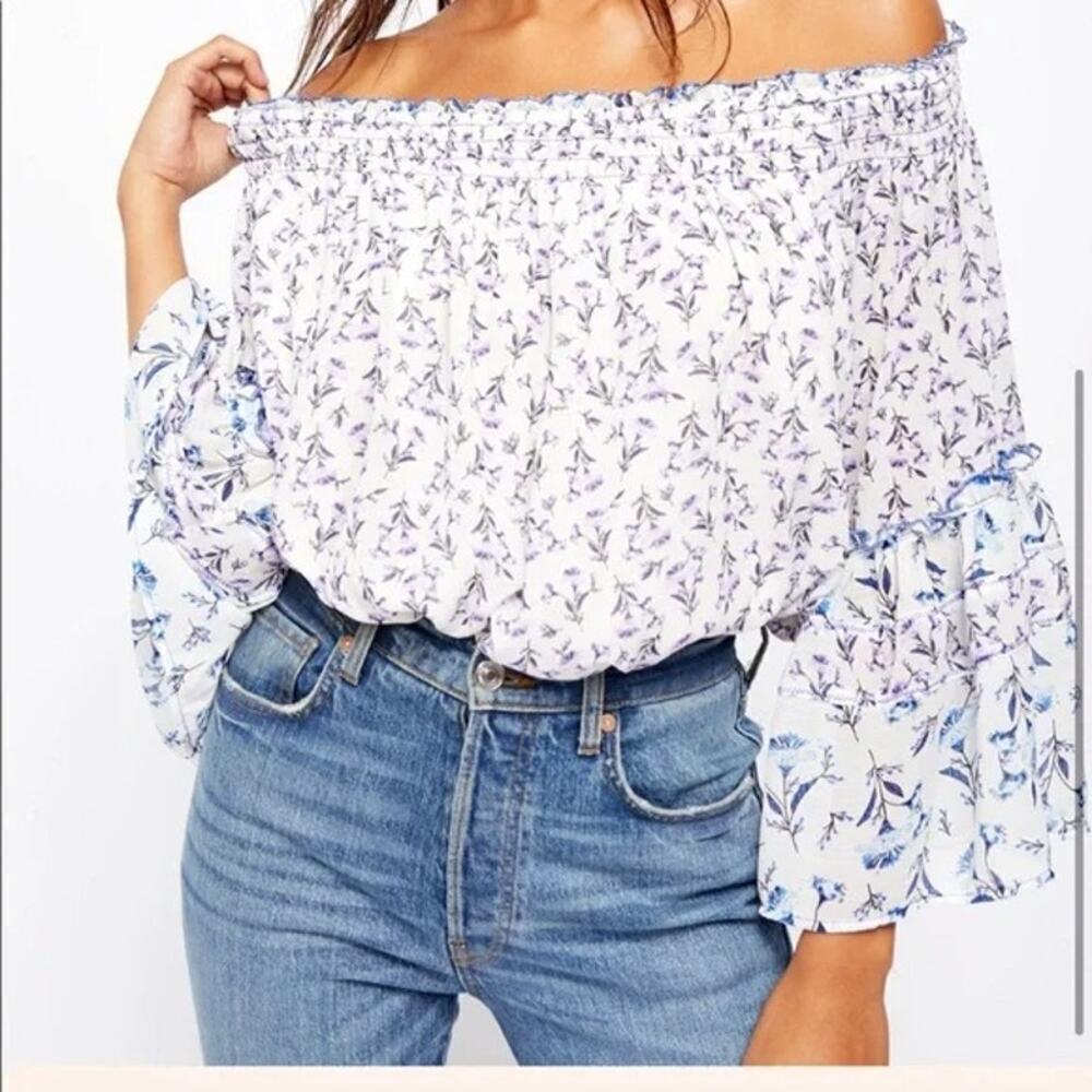 Free People Women's Floral Off Shoulder Peasant Boho Blouse Top Size XS